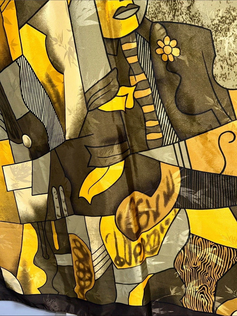 Yellow Brown Abstract Cubist Faux Silk Scarf